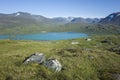 Swedish Lapland landscape. Arctic environment of Scandinavia in warm summer sunny day with blue sky