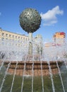 Swedish Lion tries to knock down the tree of orange. Fountain in Oranienbaum