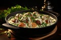 Swedish meatballs in cream sauce on a black pan Royalty Free Stock Photo