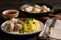 Swedish meatballs  with creamy gravy, mashed potatoes and lingonberry sauce. Royalty Free Stock Photo