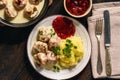 Swedish meatballs  with creamy gravy, mashed potatoes and lingonberry sauce. Royalty Free Stock Photo