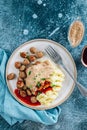 Swedish meatballs kottbullar, mashed potato, onion sauce and lingonberry sauce. Royalty Free Stock Photo