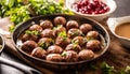 Swedish meatballs, kottbullar, in a pan topped with fresh parsley Royalty Free Stock Photo