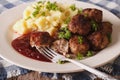 Swedish meatballs kottbullar with a side dish mashed potato closeup. horizontal