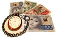 Swedish money bills and clock almost twelve. Royalty Free Stock Photo