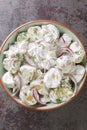 Swedish potato salad with pickles, dill and red onion seasoned with sour cream close-up in a plate. Vertical top view