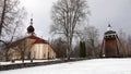 Church and Belltower of Leksand in winter in Dalarna, Sweden Royalty Free Stock Photo