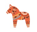 Swedish red horse or dalahorse with ornament. Scandinavian dala figurine with pattern. Nordic souvenir. Colored flat