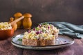 Swedish salad with anchovies, potatoes and egg on rye bread on a plate Royalty Free Stock Photo