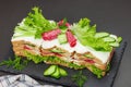 Swedish sandwich cake Smorgastarta. Traditional served cold snack, ready to eat