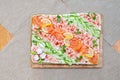 Swedish sandwich like cake or sandwich torte is a dish with seafood ingredients like salmon, shrimps and prawns Royalty Free Stock Photo