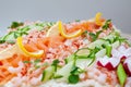 Swedish sandwich like cake or sandwich torte is a dish with seafood ingredients like salmon, shrimps and prawns Royalty Free Stock Photo