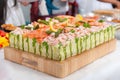 Swedish sandwich like cake or sandwich torte is a dish with seafood ingredients like salmon, shrimps and prawns Royalty Free Stock Photo