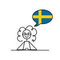 swedish speaking cartoon girl with speech bubble in flag of Sweden colors, female character learning svenska language