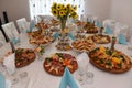 Swedish table set with various meals. Food tray with delicious salads, sausage, salami, smoked meat