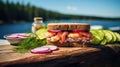 Swedish typical shrimp sandwich with vegetable in the open air. Generative AI