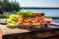 Swedish typical shrimp sandwich with vegetable in the open air. Generative AI