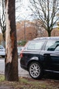 Swedish volvo wagon parked on city street near tree trunk
