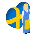 Swedish woman icon isometric vector. Girl in national costume near country flag