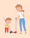 Sweep the floor. Mother and son with broom. Family time, cleaning home vector illustration