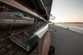 Selective blur on Rowing boats, Sweep oar and coxed four style, being stored and maintained at sunset by the danube river. Royalty Free Stock Photo