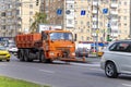 Sweeper machine on the road in the city street sweeper. Community road services, street cleaning concept. Moscow, Russia