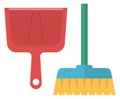 Sweeping broom with dustpan. Color dust cleaning icon