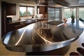 sweeping curve of stainless steel countertops flows seamlessly into the kitchen island