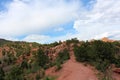 Sweeping landscape of evergreens and red rock and dirt at the Garden of the Gods in Colorado Royalty Free Stock Photo