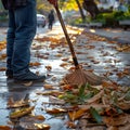 Sweeping leaves on a cement patio, mans effort brings cleanliness