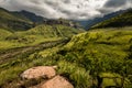 Sweeping mountain sides and cliff faces on the Thukela hike to the bottom of the Amphitheatre`s Tugela Falls in the Royal Natal