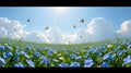 A sweeping panoramic view immerses the viewer in a vibrant meadow alive with clusters of blue Generative AI Royalty Free Stock Photo