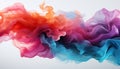 Sweeping waves of translucent smoke in hues of pink, orange, blue, and purple, gracefully floating against a pristine white