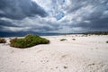 Sweeping, wide angle view of the decaying beach at the Salton Sea in California, as storm clouds roll in Royalty Free Stock Photo