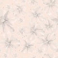Sweet abstract gray and pink flowers in white contour on coral background.