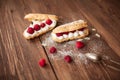 Sweet afters with fresh raspberries on wood table