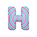 Sweet alphabet letter H. Christmas font made of pink and blue spiral striped lollipop. 3D render isolated on white background.