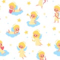 Sweet angels seamless pattern. Babies with wings pastel colors, children on clouds, little blond angelic boys and girls Royalty Free Stock Photo