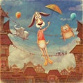 Sweet animals: dog with umbrella, fish and cat in sky