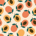 Sweet apricots with bones hand drawn vector illustration. Summer fruit seamless pattern for kids fabric. Royalty Free Stock Photo