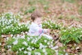 Sweet baby girl playing with first spring flowers Royalty Free Stock Photo