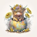 Sweet Baby Highland Cow with Sunflowers and Easter Eggs: A Delightful Springtime Scene AI Generated Royalty Free Stock Photo