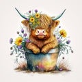 Sweet Baby Highland Cow Surrounded by Spring Flowers in a Cute Pot: A Perfect Decorative Addition AI Generated Royalty Free Stock Photo