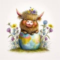 Sweet Baby Highland Cow Surrounded by Spring Flowers and Easter Egg Delights AI Generated Royalty Free Stock Photo