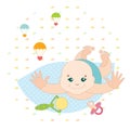 Sweet baby lies on his stomach. Near rattle and pacifier. colored illustration on the decorative background.