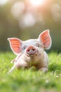 Sweet baby piglet enjoying green pasture with ample space for text, vertical shot for template