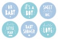 Cute Blue Baby Shower Vector Sticker Set. It`s a Boy Party. Royalty Free Stock Photo