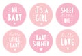 Cute Pink Baby Shower Vector Sticker Set. It`s a Girl Party. Royalty Free Stock Photo