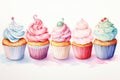Sweet background cakes cupcakes food chocolate birthday cream illustration bakery cherry watercolor dessert Royalty Free Stock Photo