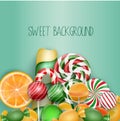 Sweet background with lollipop, ice cream, orange and candies